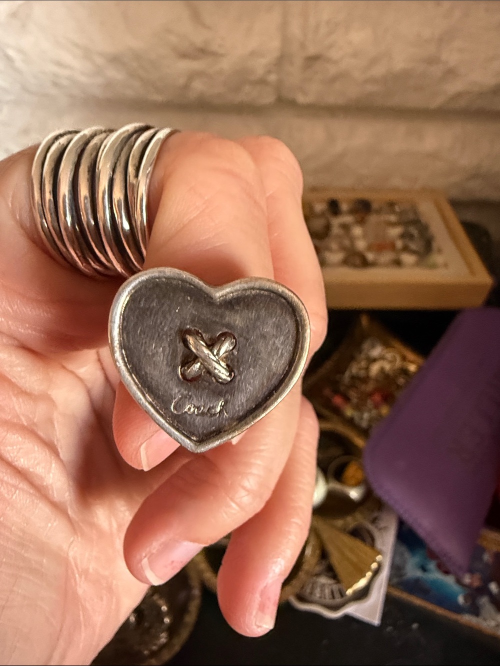 Heart-Shaped Silver Ring with Cross Stitch Detail